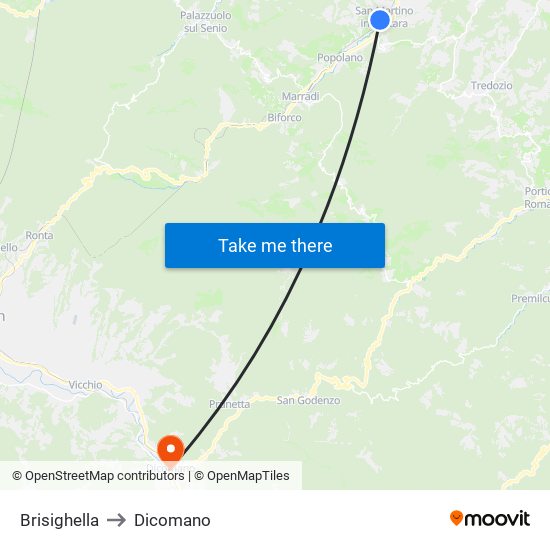 Brisighella to Dicomano map