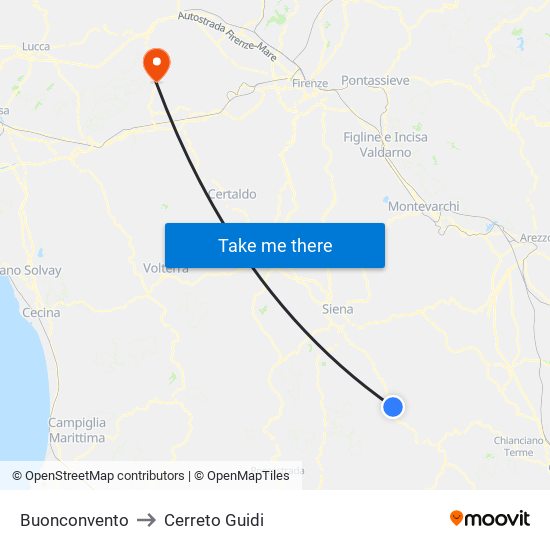 Buonconvento to Cerreto Guidi map