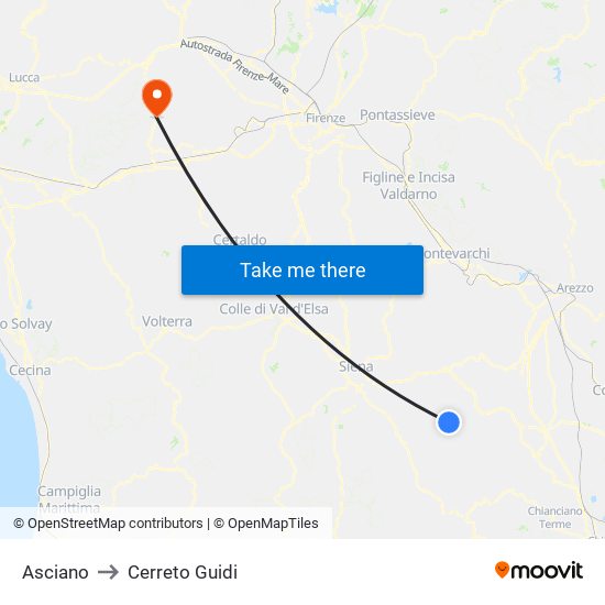 Asciano to Cerreto Guidi map