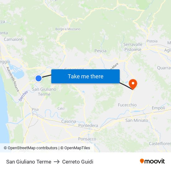 San Giuliano Terme to Cerreto Guidi map