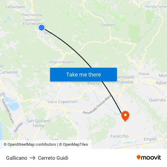 Gallicano to Cerreto Guidi map