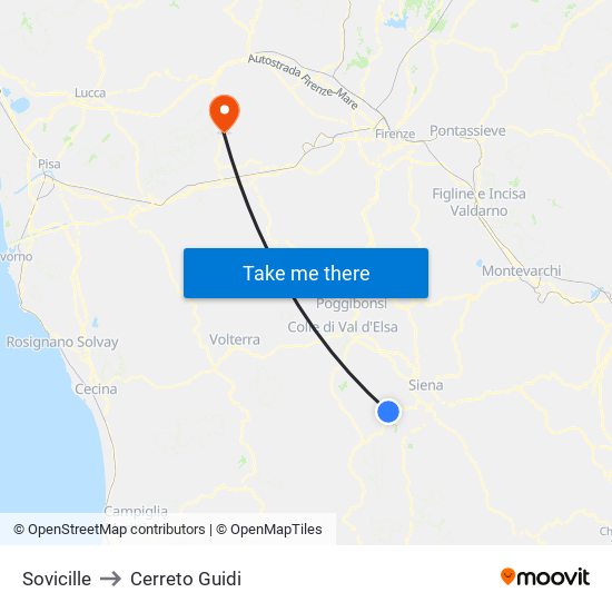 Sovicille to Cerreto Guidi map