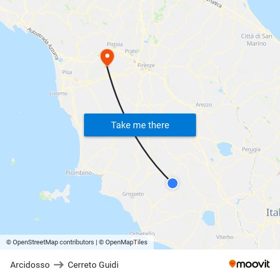 Arcidosso to Cerreto Guidi map
