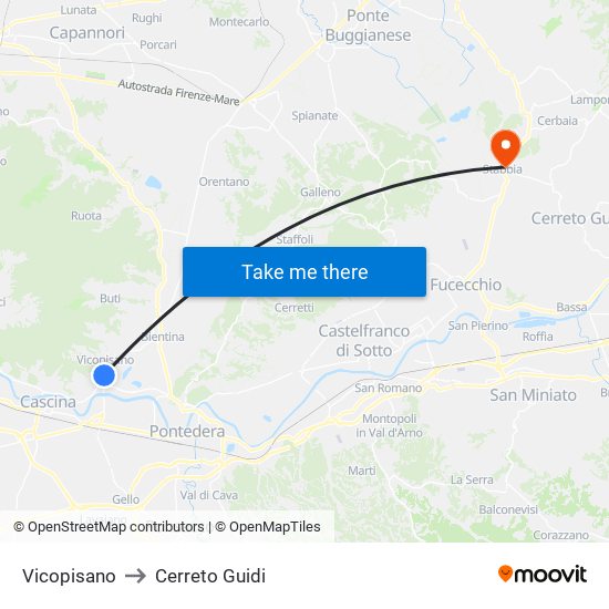 Vicopisano to Cerreto Guidi map