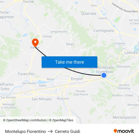 Montelupo Fiorentino to Cerreto Guidi map