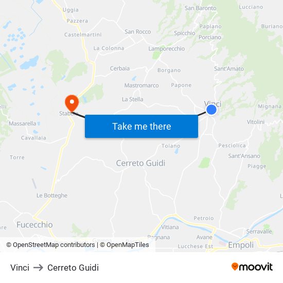 Vinci to Cerreto Guidi map