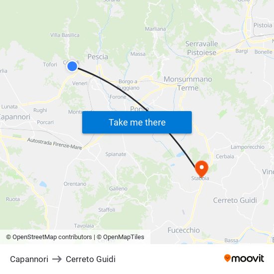Capannori to Cerreto Guidi map