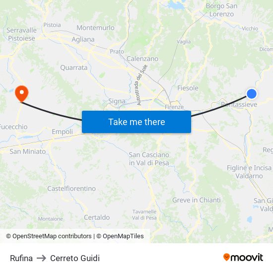 Rufina to Cerreto Guidi map