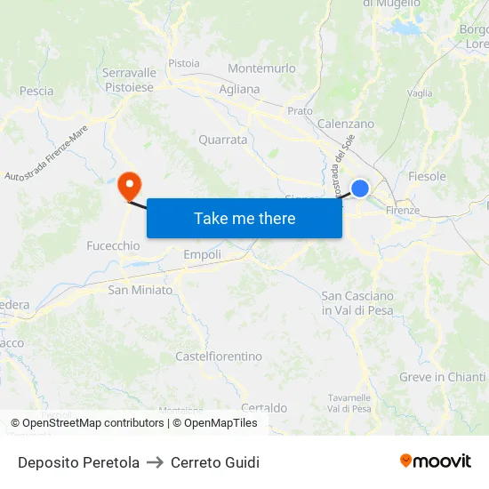 Deposito Peretola to Cerreto Guidi map