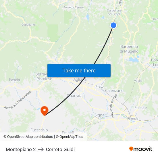 Montepiano 2 to Cerreto Guidi map