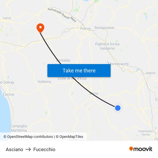 Asciano to Fucecchio map