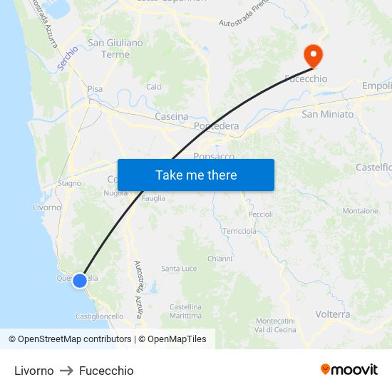 Livorno to Fucecchio map