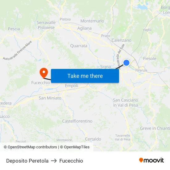 Deposito Peretola to Fucecchio map