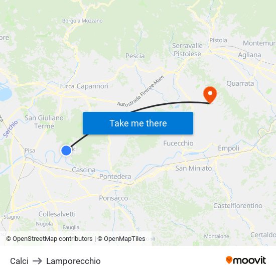 Calci to Lamporecchio map
