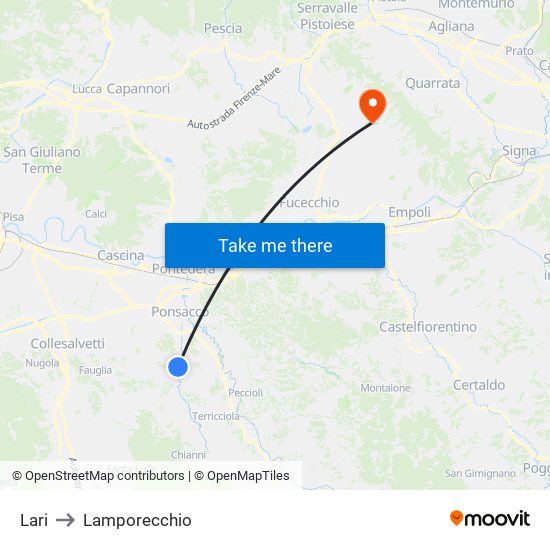 Lari to Lamporecchio map