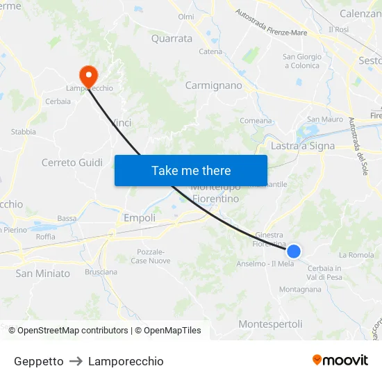 Geppetto to Lamporecchio map