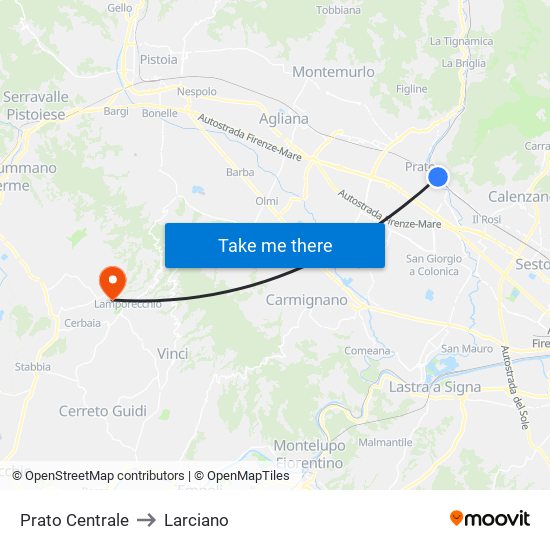 Prato Centrale to Larciano map