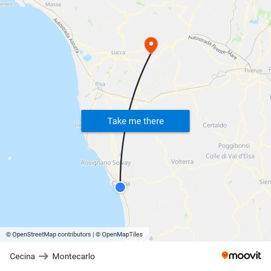 Cecina to Montecarlo map