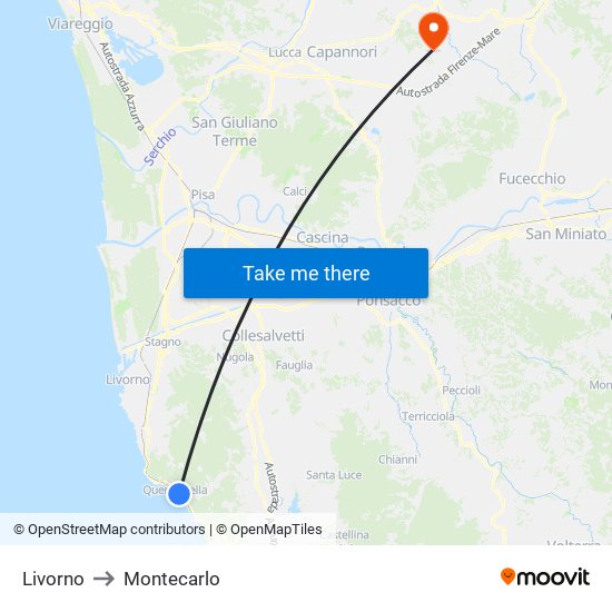 Livorno to Montecarlo map