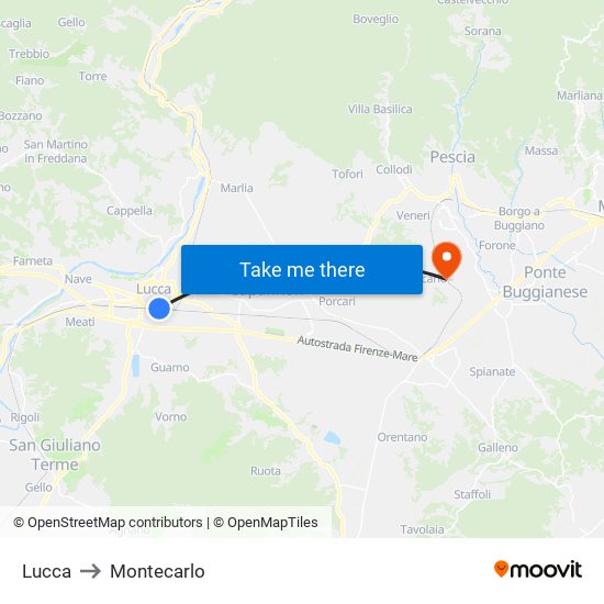 Lucca to Montecarlo map