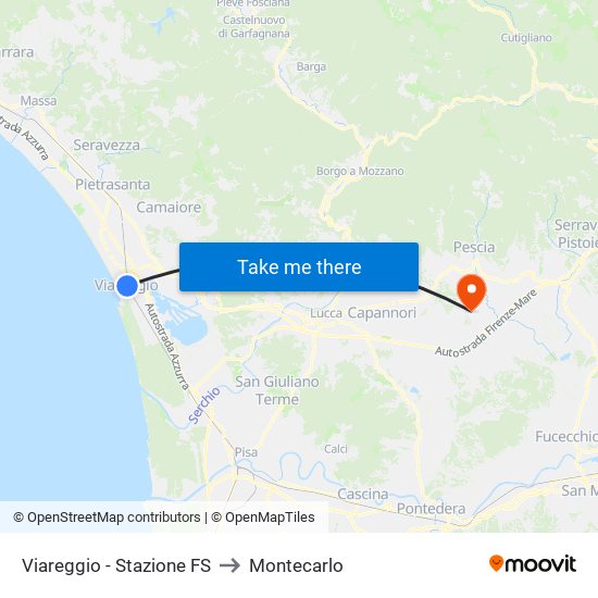 Viareggio Stazione FS to Montecarlo map