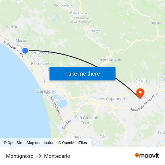 Montignoso to Montecarlo map