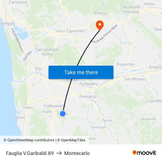 Fauglia V.Garibaldi 89 to Montecarlo map