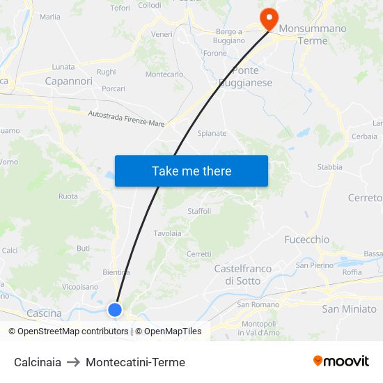 Calcinaia to Montecatini-Terme map