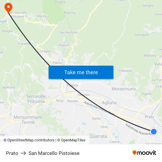 Prato to San Marcello Pistoiese map