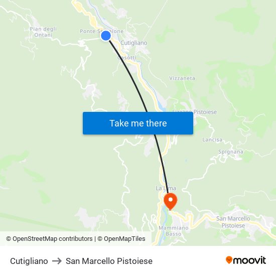 Cutigliano to San Marcello Pistoiese map