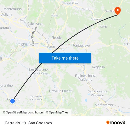 Certaldo to San Godenzo map