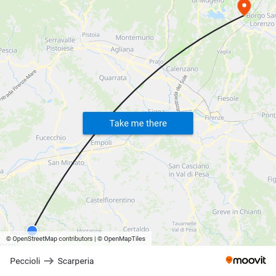 Peccioli to Scarperia map