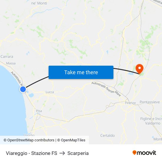 Viareggio Stazione FS to Scarperia map