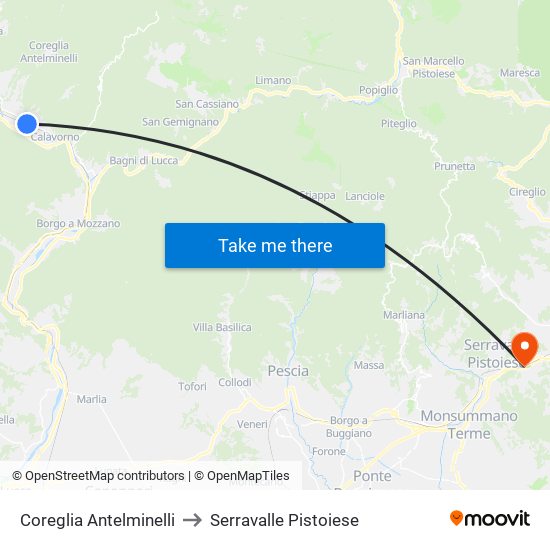 Coreglia Antelminelli to Serravalle Pistoiese map