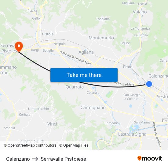 Calenzano to Serravalle Pistoiese map