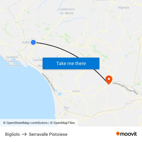 Bigliolo to Serravalle Pistoiese map