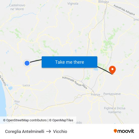 Coreglia Antelminelli to Vicchio map