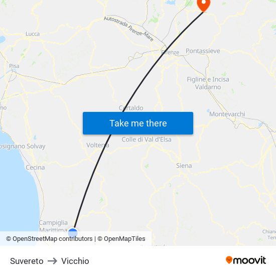 Suvereto to Vicchio map