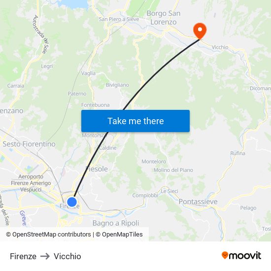 Firenze to Vicchio map