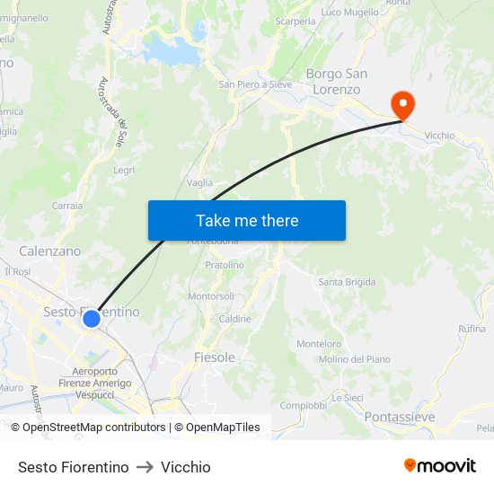Sesto Fiorentino to Vicchio map