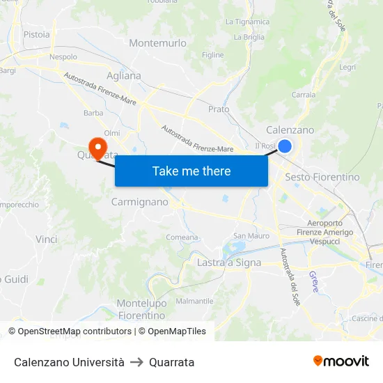 Calenzano University to Quarrata map