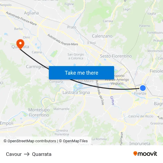 Cavour to Quarrata map