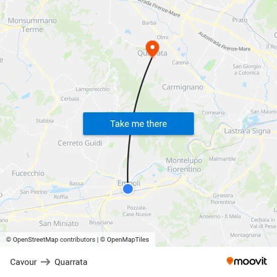 Cavour to Quarrata map