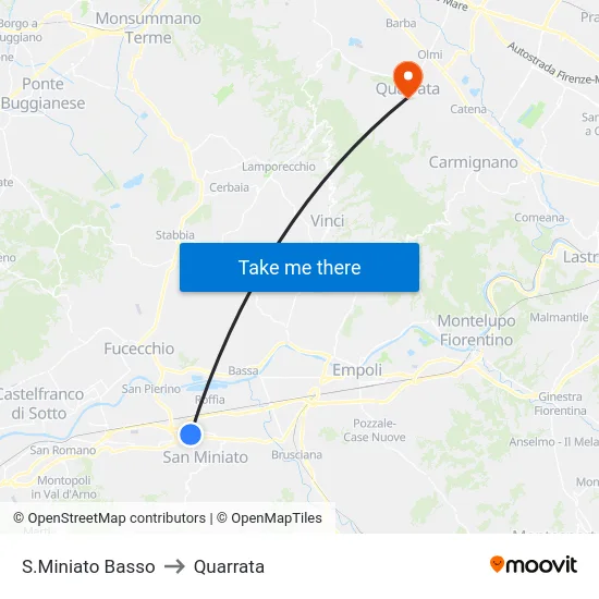 S.Miniato Basso to Quarrata map