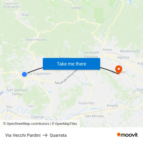 Via Vecchi Pardini to Quarrata map