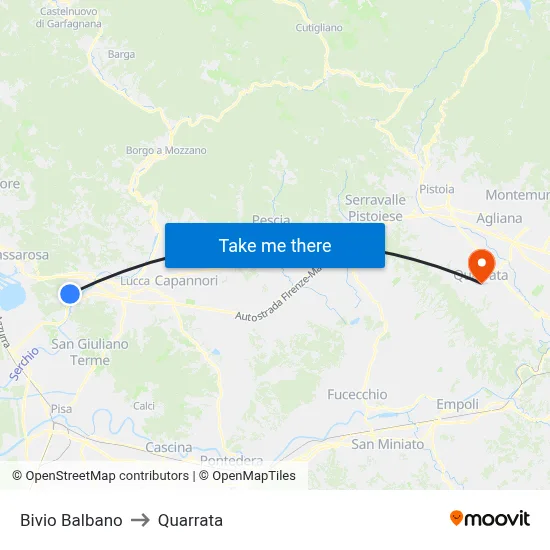 Balbano Junction to Quarrata map