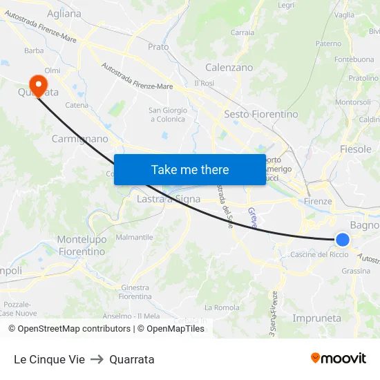 Le Cinque Vie to Quarrata map