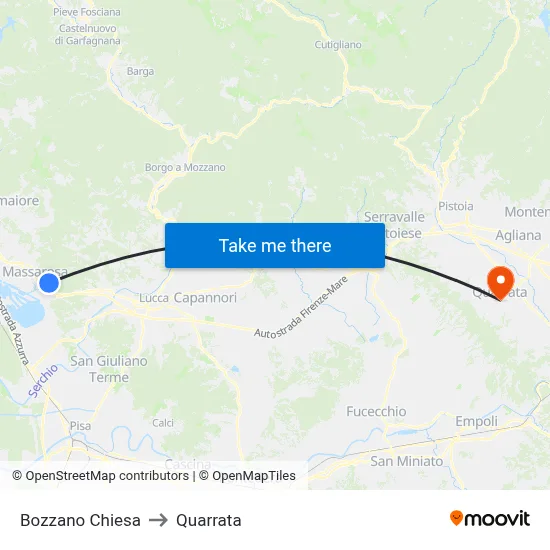 Bozzano Church to Quarrata map