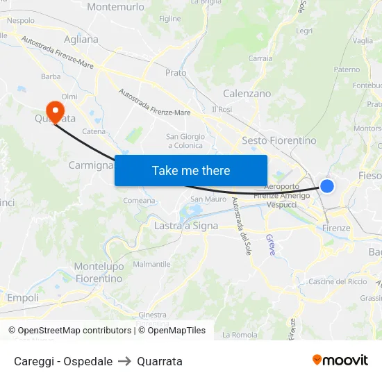 Careggi - Ospedale to Quarrata map