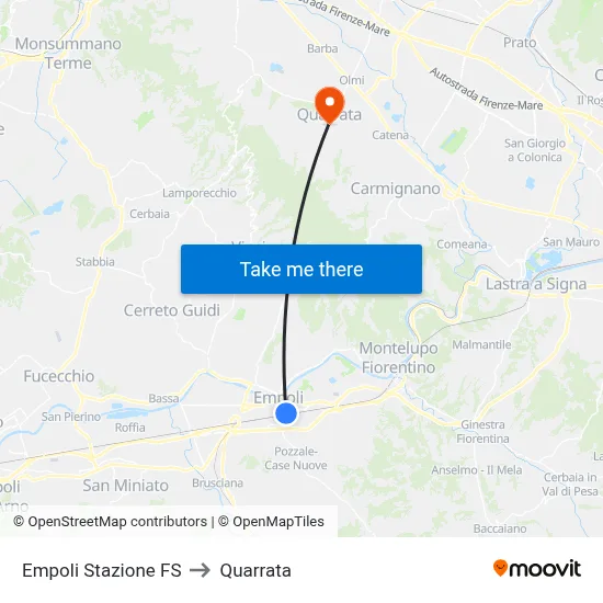Empoli Railway Station to Quarrata map